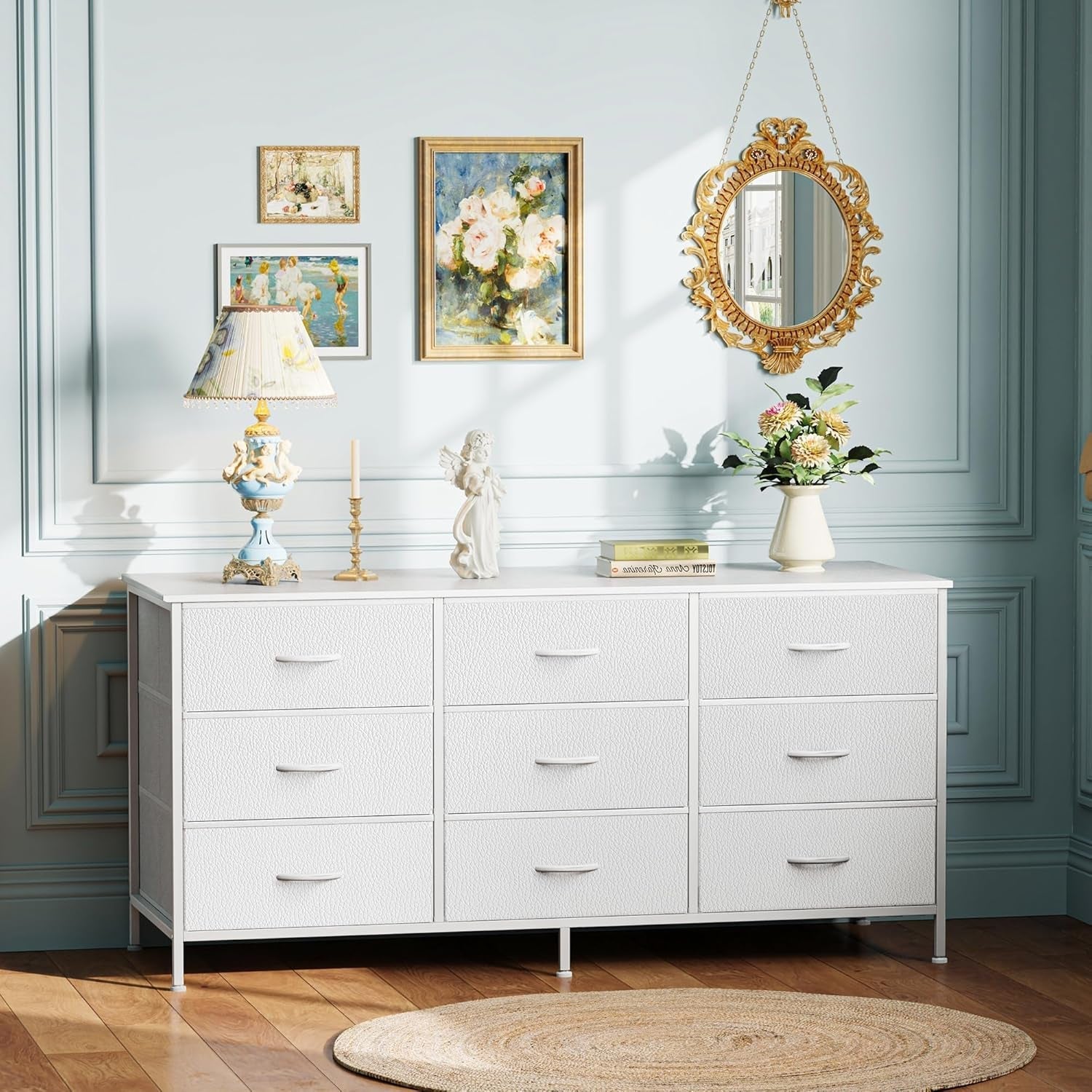 9 Drawer Dresser, 47 Inch Dresser TV Stand for 50, 55 Inch TV, Entertainment Center with Drawers, Fabric Dresser Chest of Drawer for Bedroom, Closet, PU Leather Surface, White-3