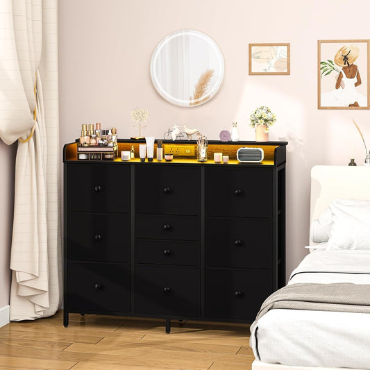Dresser for Bedroom with Charging Station and LED Lights, Tall Dresser TV Stand with 10 Storage Drawers,Fabric Black Dressers & Chests of Drawers,Wood Dresser for Bedroom Closet Organizer-1