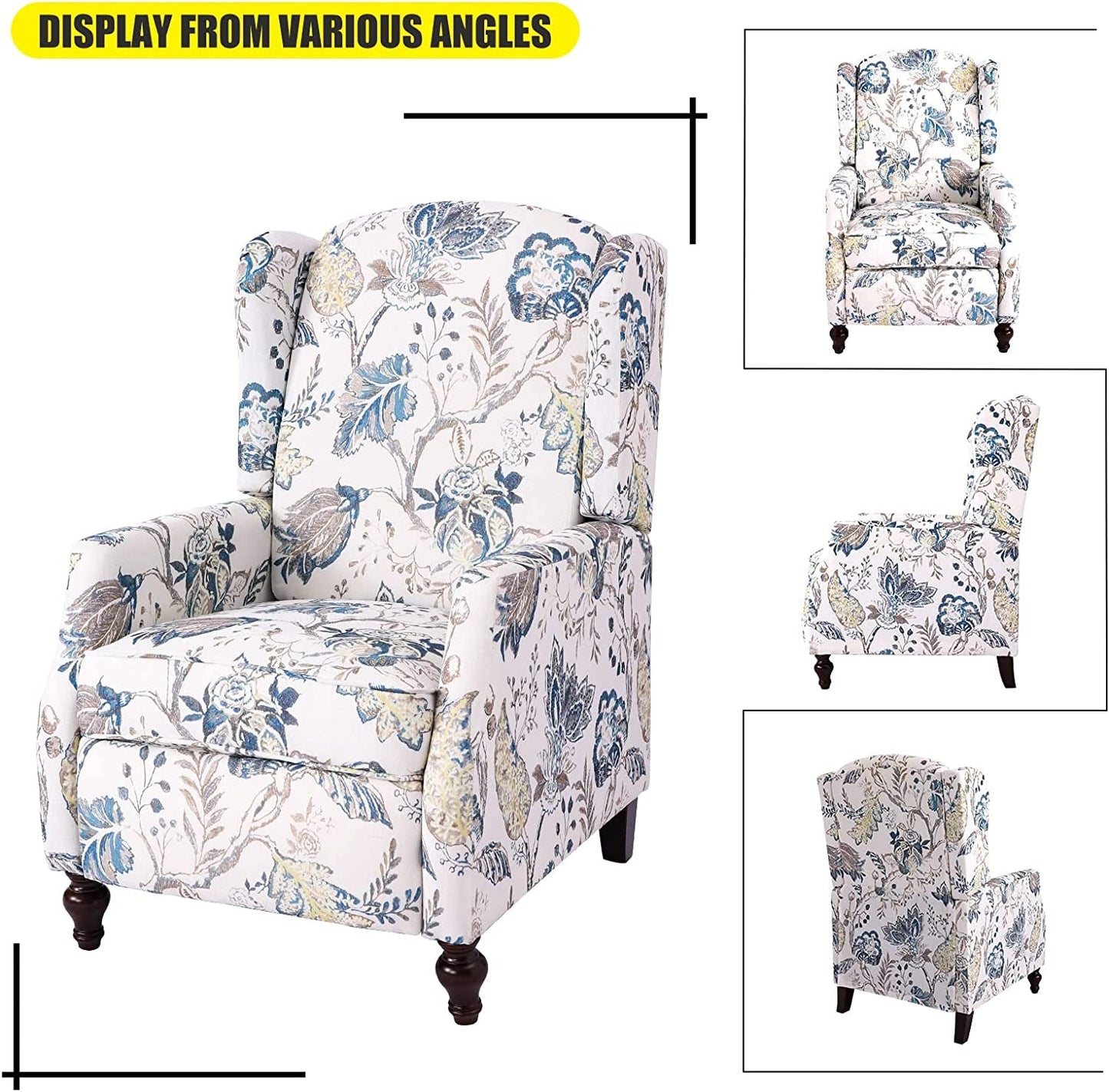 Upholstered Wingback Recliner Chair, Padded, Blue Floral-3