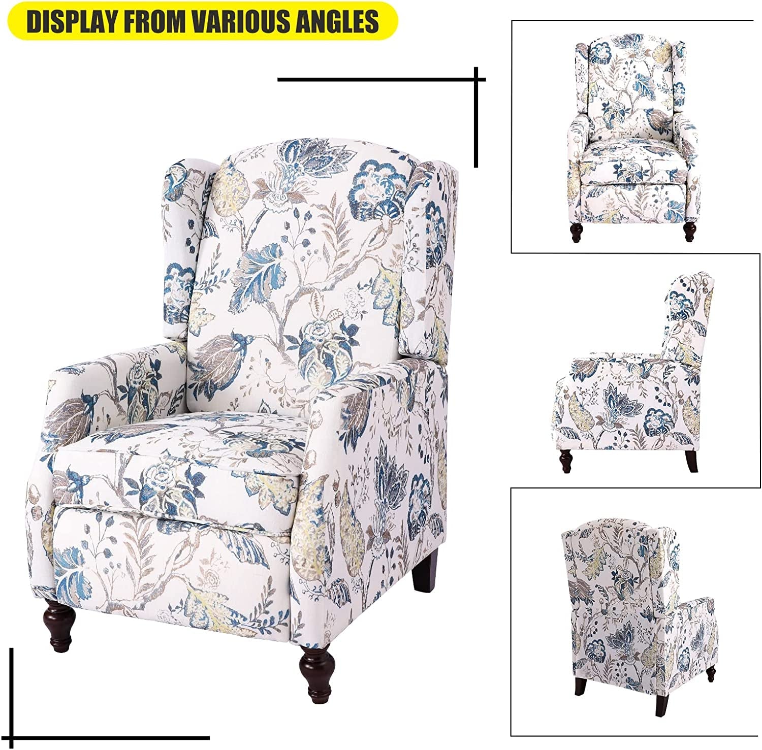 Upholstered Wingback Recliner Chair, Padded, Blue Floral-3