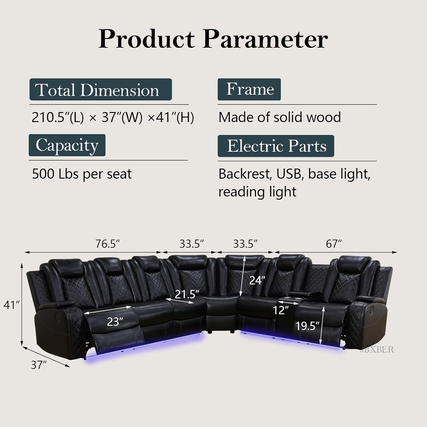 Power Recliner Sectional Sofa Set, Leather Sectional Sofa Sets for Living Room, Power Reclining Sectional Couch with Led Lights, Cup Holder, Wireless Charging, Hidden Storage, Black-1