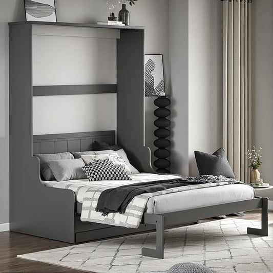 Queen Size Murphy Bed with Storage Shelf White-10