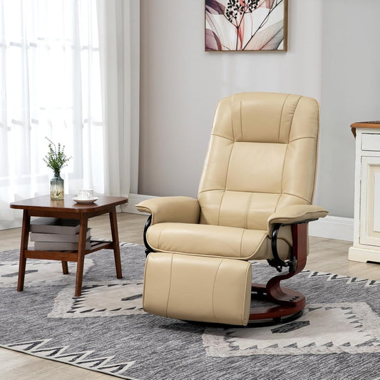 Faux Leather Manual Recliner, Adjustable Swivel Lounge Chair with Footrest, Armrest and Wrapped Wood Base for Living Room, Cream White-1