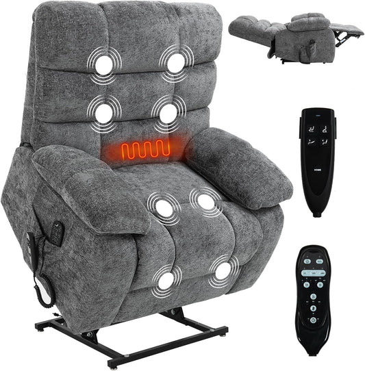 Lay Flat Recliner with Vibration Massage and Lumbar Heating, 26'' Wide Recliner Chair with Infinite Position and 2 Remote Controls, Soft Chenille Lift Recliner for Living Room, Gray-0