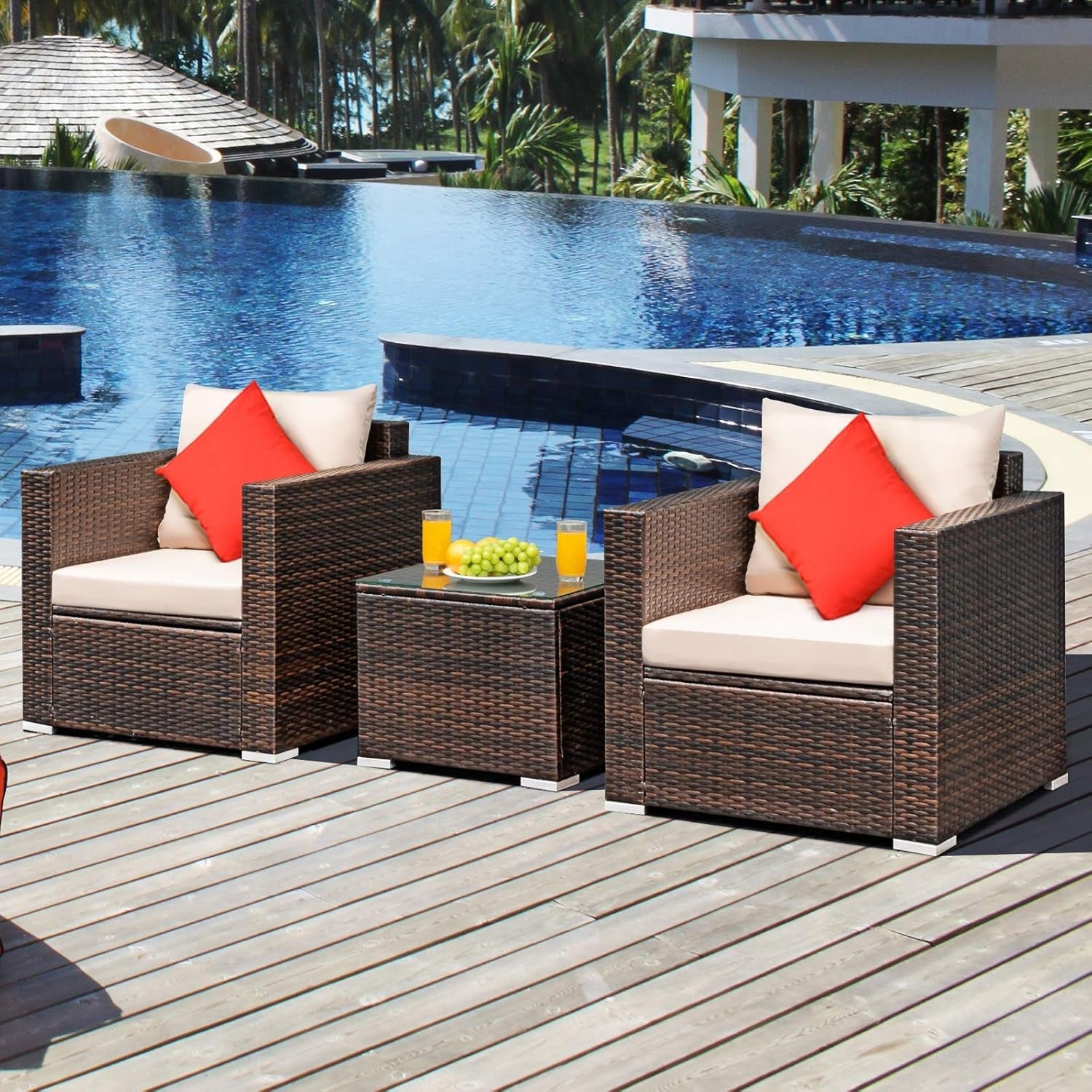 3 Pieces Patio Furniture Set, Outdoor Conversation Rattan Furniture Set W/Washable Cushion and Tempered Glass Tabletop, PE Rattan Wicker Sofa Set for Garden Poolside Balcony-2