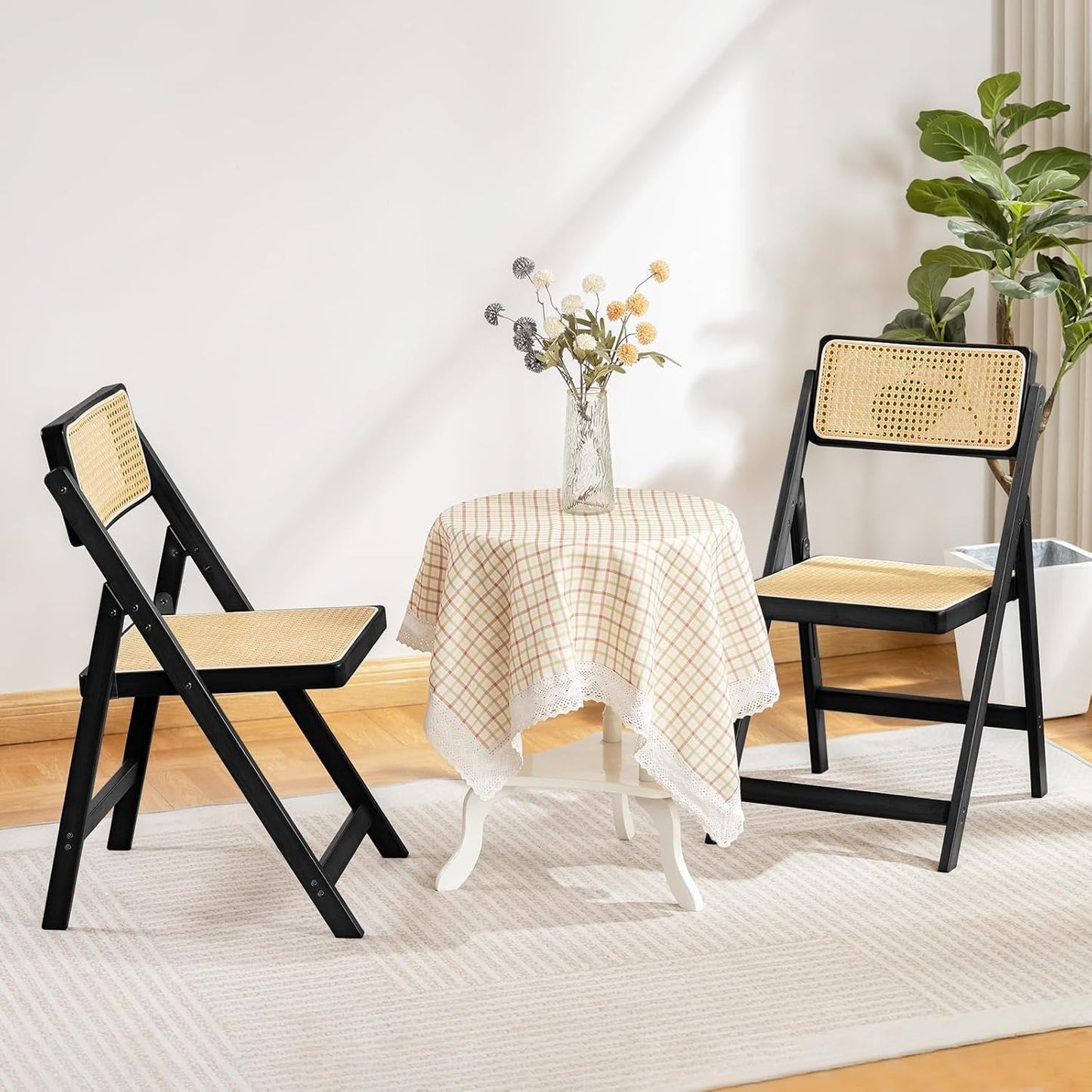 Rattan Folding Chairs, Modern Mid Century Dining Chairs Set of 2, Outdoor Bamboo Chairs for Bedroom Living Room Reading Room Dining Kitchen, Black-1