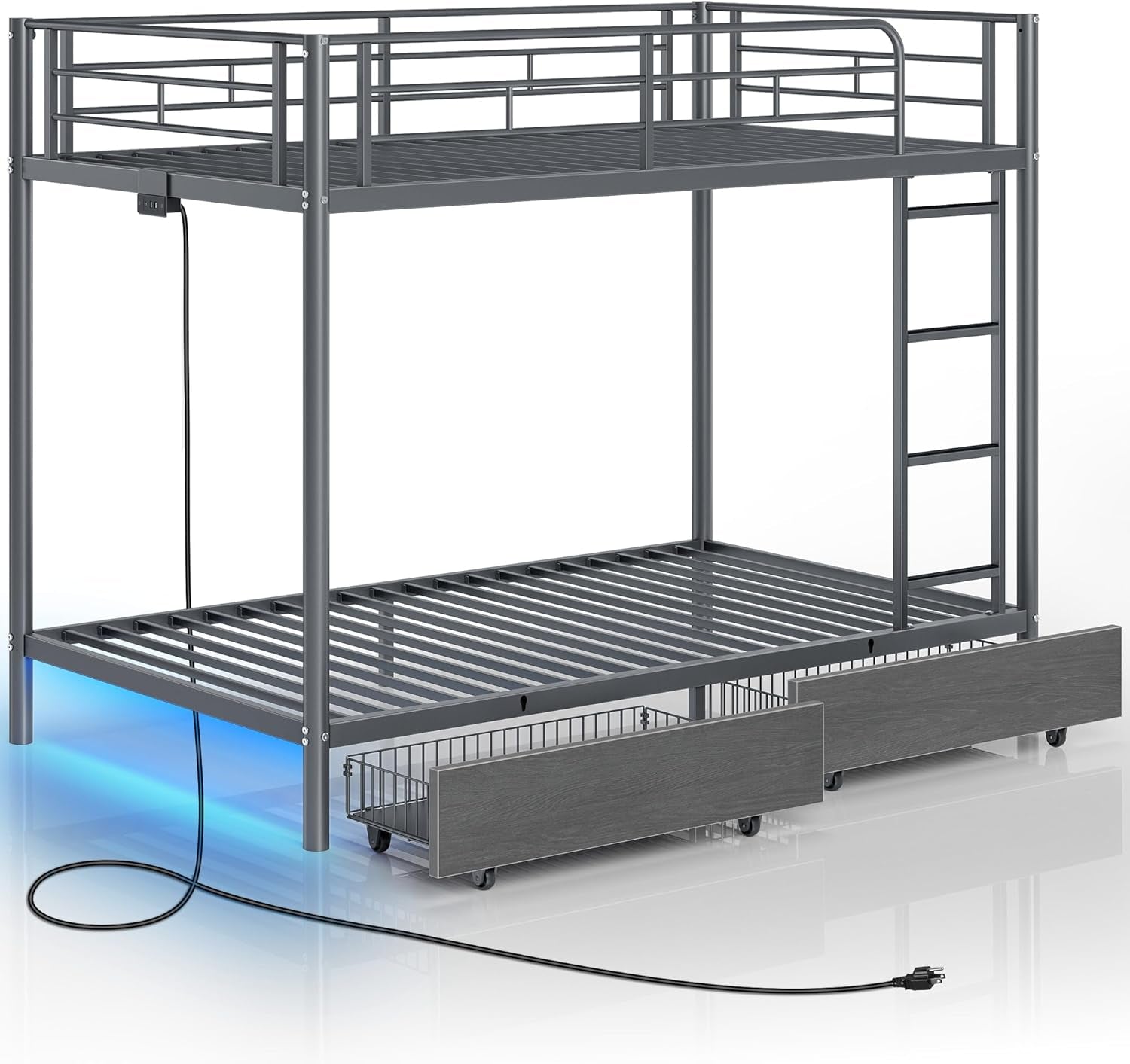 Metal Bunk Bed Twin over Twin with USB Charging Station, LED Bunk Bed with 2 Storage Drawers, Bed with Safety Guardrail & Ladders, No Box Spring Needed, Easy Assembly, Grey-0