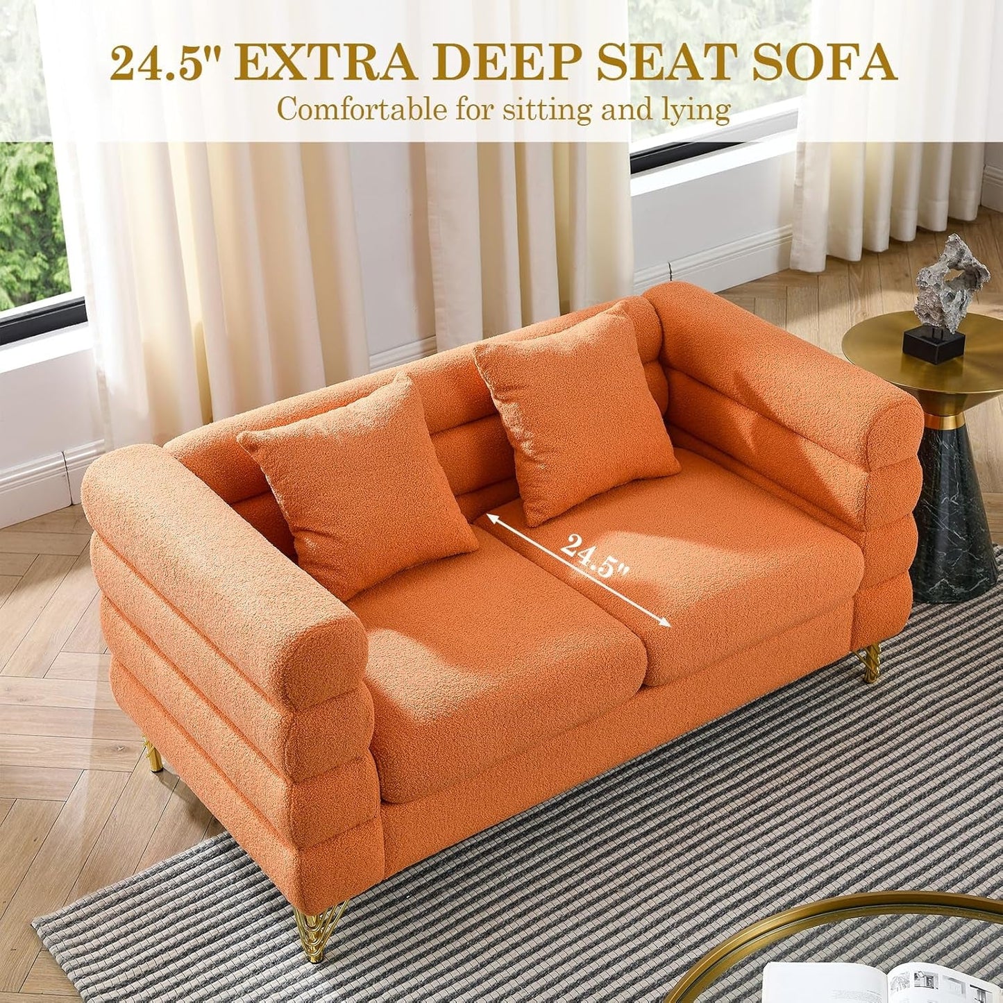 Sofa,Sofa Set of 2,Oversize 2/3 Seater Extra Deep Seat Sofa,Modern Upholstered Futon Sofa Couch, Comfy Teddy Bouclé Cloud Sofa,Furniture for Living Room,Bedroom,Office,Apartment(Orange)-2