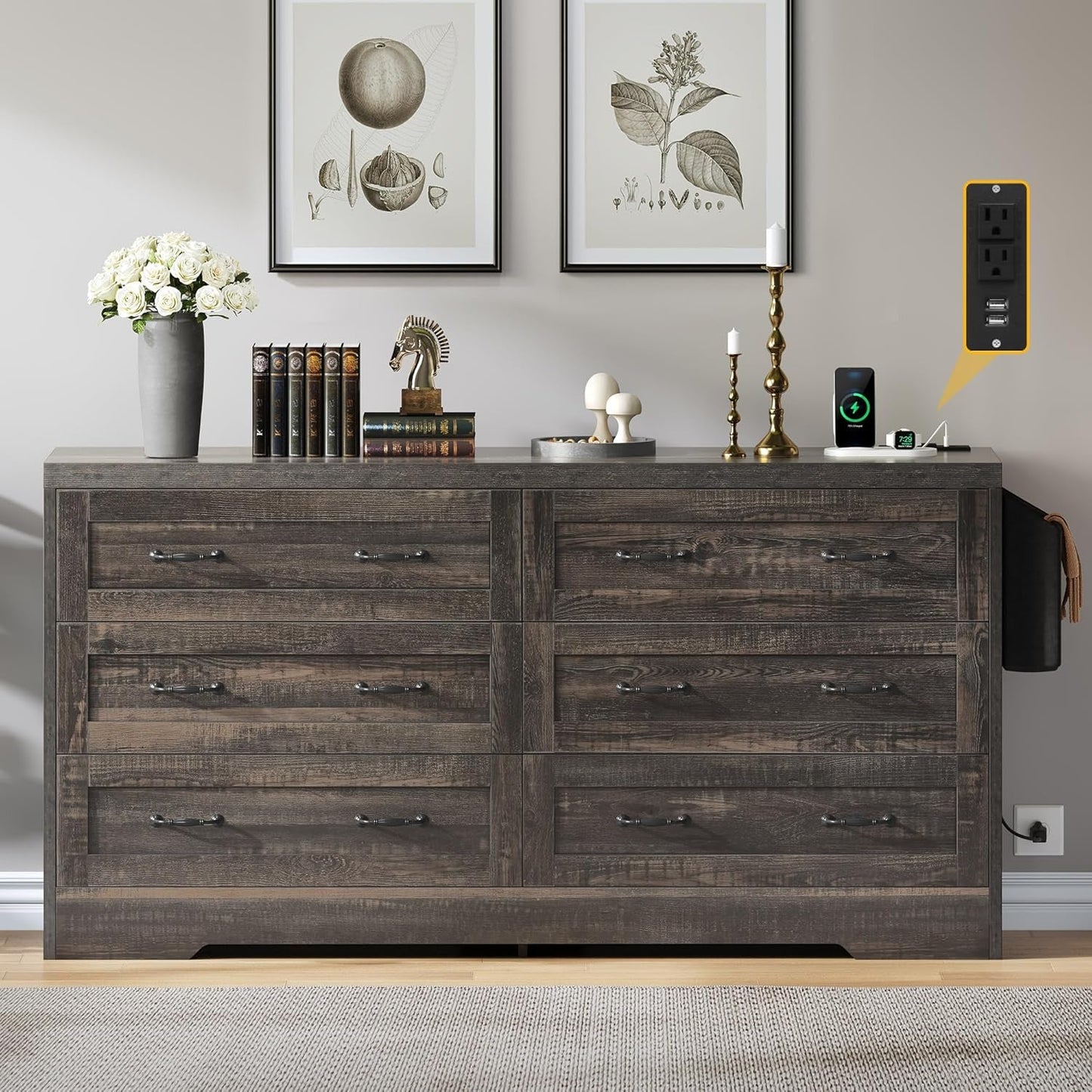 Farmhouse 6 Drawer Dresser for Bedroom, 31.5 Inch Tall Modern Dresser TV Stand with Large Drawers & Bar Handles, Storage Dressers with Power Outlets, Rustic Wood Chest of Drawers, Rustic Oak New-2