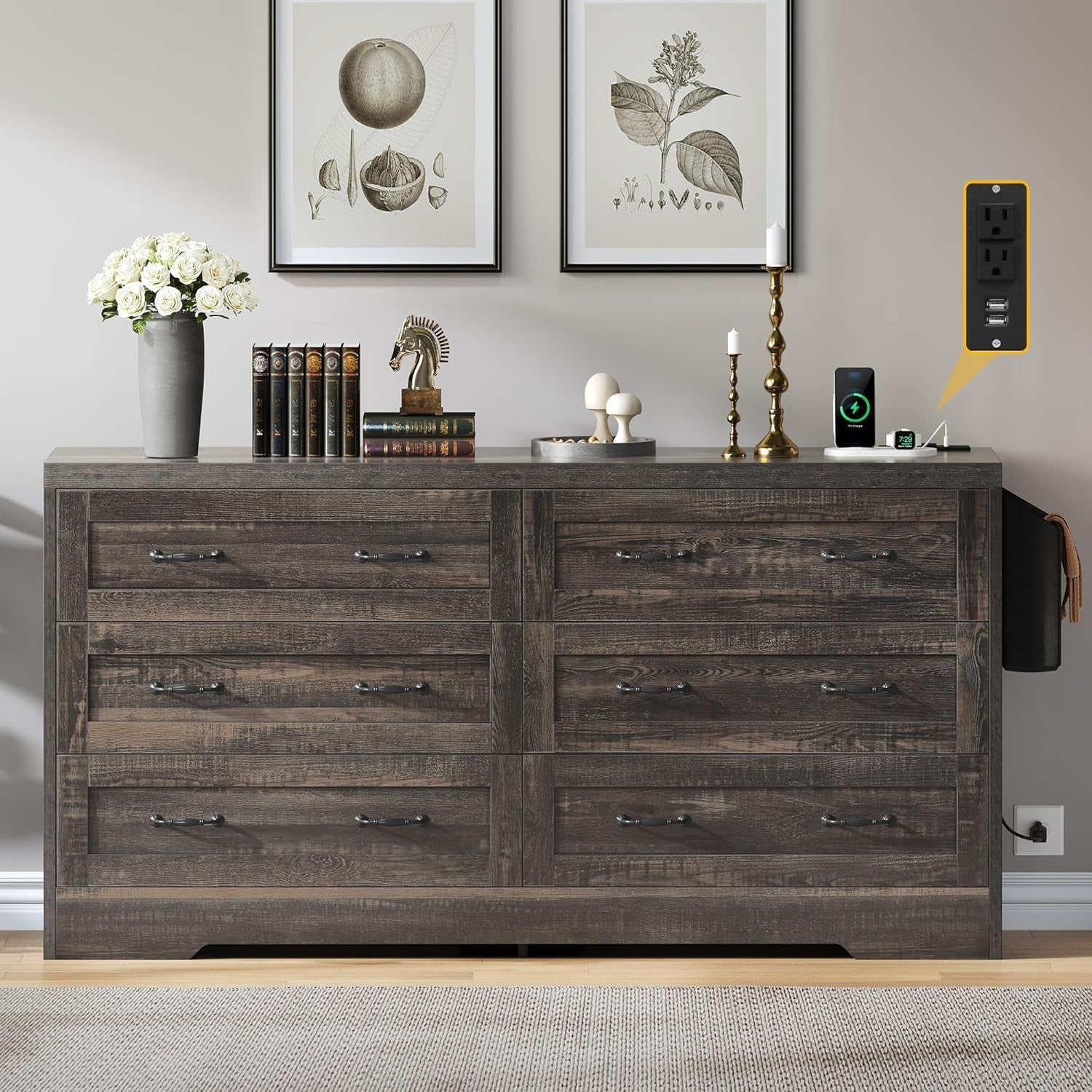 Farmhouse 6 Drawer Dresser for Bedroom, 31.5 Inch Tall Modern Dresser TV Stand with Large Drawers & Bar Handles, Storage Dressers with Power Outlets, Rustic Wood Chest of Drawers, Rustic Oak New-2