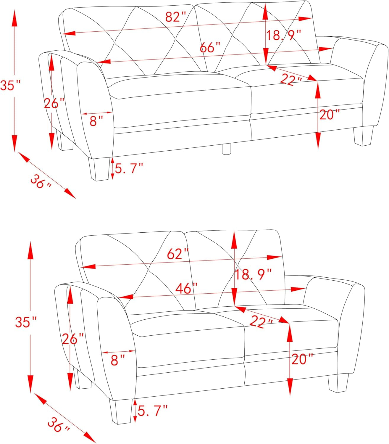2 Pieces Amarican Living Room Sofa Sets Include Loveseat Sofa and 3 Seaters Couch,Genuine Leather Upholstered Tufted Sectional Sofa&Couch for Home Office Apartment, 82"/62"-2