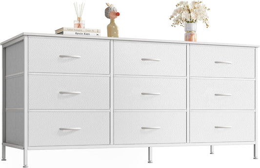 9 Drawer Dresser, 47 Inch Dresser TV Stand for 50, 55 Inch TV, Entertainment Center with Drawers, Fabric Dresser Chest of Drawer for Bedroom, Closet, PU Leather Surface, White-0