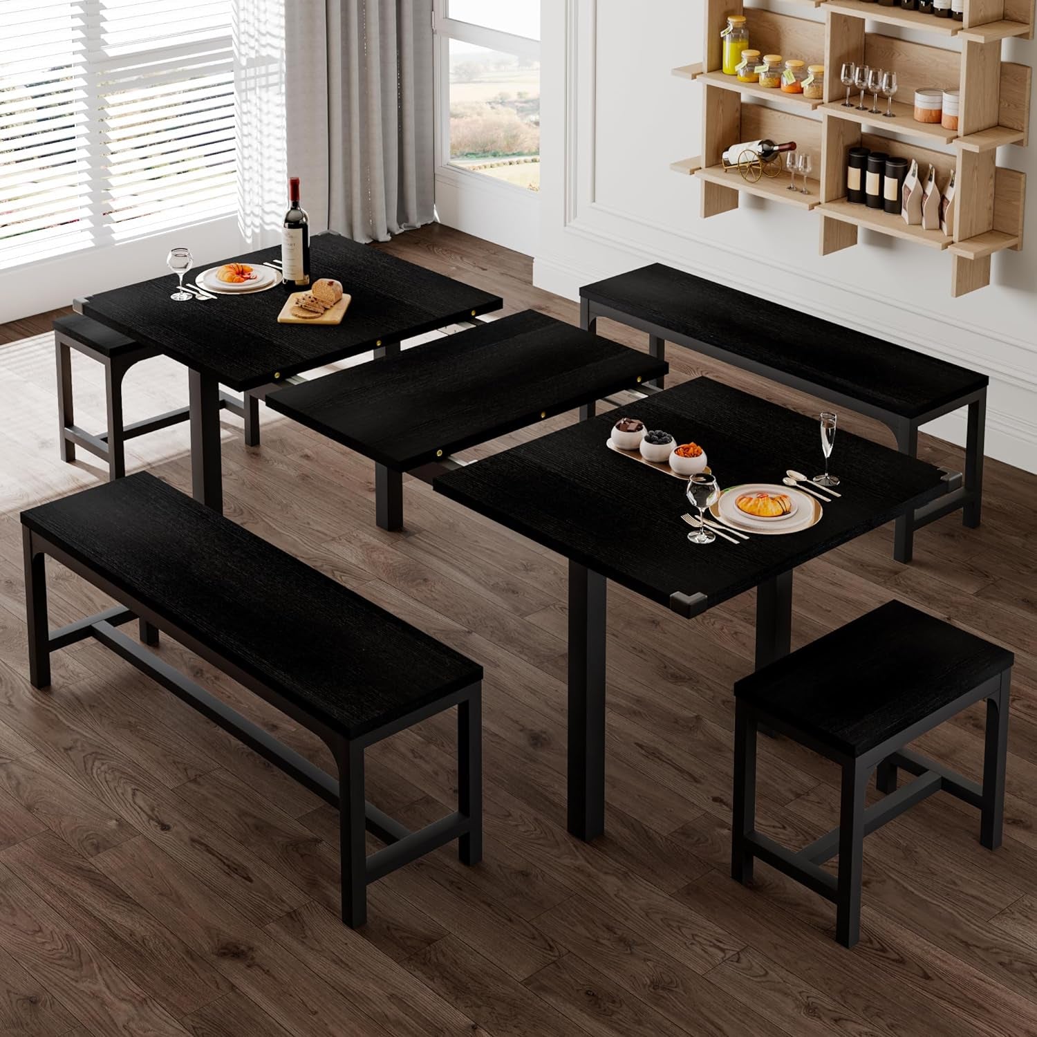 5-Piece Dining Table Set for 4-8 People, 63" Large Extendable Kitchen Table Set with 2 Benches and 2 Square Stools, Dining Room Table with MDF Wood Board, Easy Assembly, Black-2