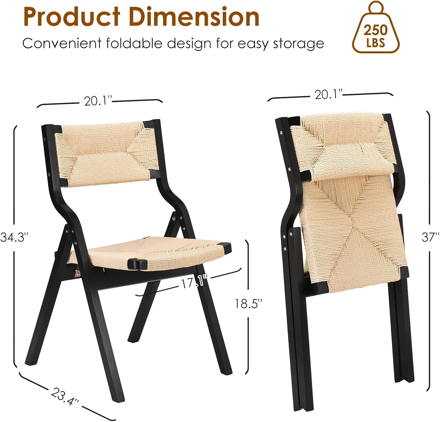 Wood Folding Chairs Set of 2, Foldable Chairs Chairs Wooden Stackable Dining Chairs for Kitchen & Dining Room Chair, Woven Seat & Webbing Back-1