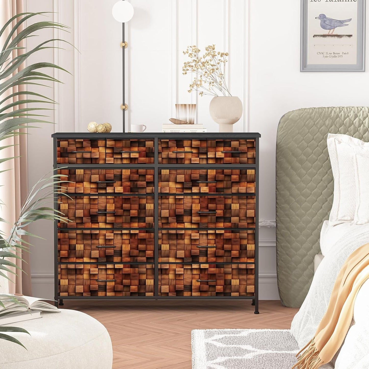 TV Stand Dresser for Bedroom, Tall Fabric Drawer Dresser, Chest of Drawers, Fabric Storage Organizer Cabinet for Closet, Nursery (Solid Brown)-1