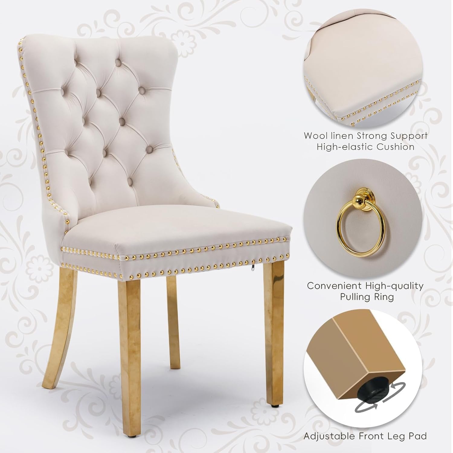 Velvet Upholstered Dining Chairs Set of 4, Modern Style Kitchen Side Chairs with Nailhead Trim and Gold Plated Leg, Metal Pulling Ring for Dining Room Living Room(Beige-Gold Plated Leg)-4