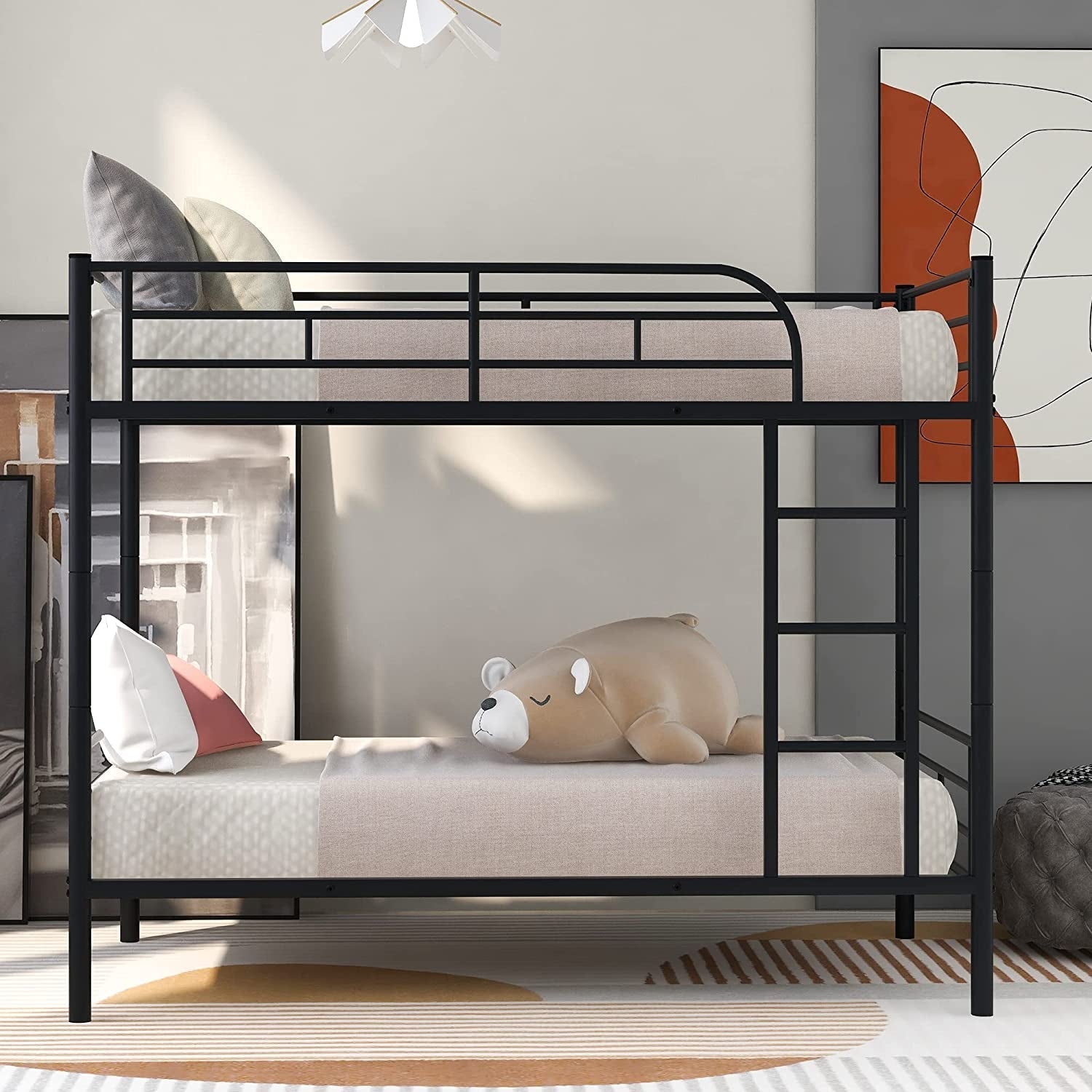 Twin over Twin Metal Bunk Bed with Ladder, Black-0