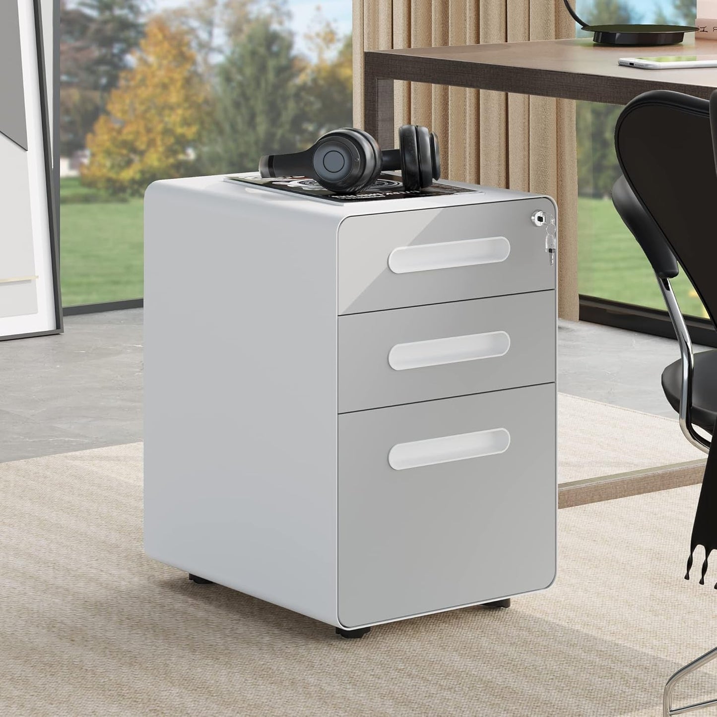 3-Drawer Metal Mobile File Cabinet, Rolling Filing Cabinet with Lock, Filing Cabinet under Desk Fits Legal/A4 Size for Home/Office, Fully Assembled,White and Grey-0