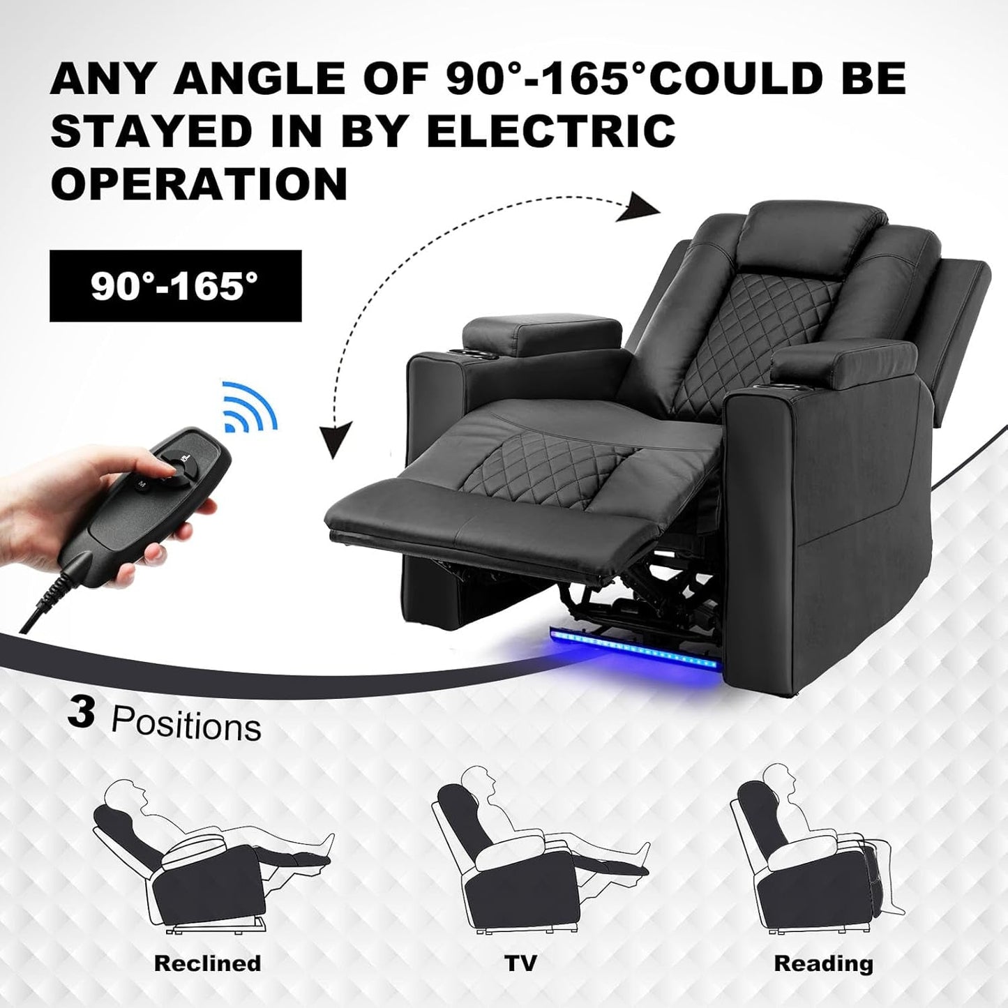 Power Recliner Chair PU Leather Electric Massage Recliner Sofa for Living Room Home Theater Seating with Cup Holders and LED Lighting (Black)-3