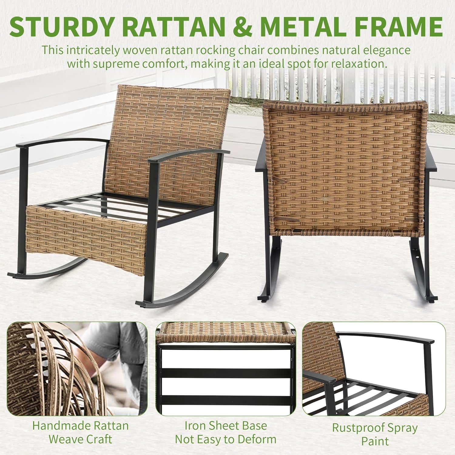 Outdoor Rocking Chair Set with Cushions and 2-Tier Coffee Table, Rattan Wicker 3 Pieces Patio Bistro Furniture Sets for Garden, Porch, Balcony, Backyard Grey-2