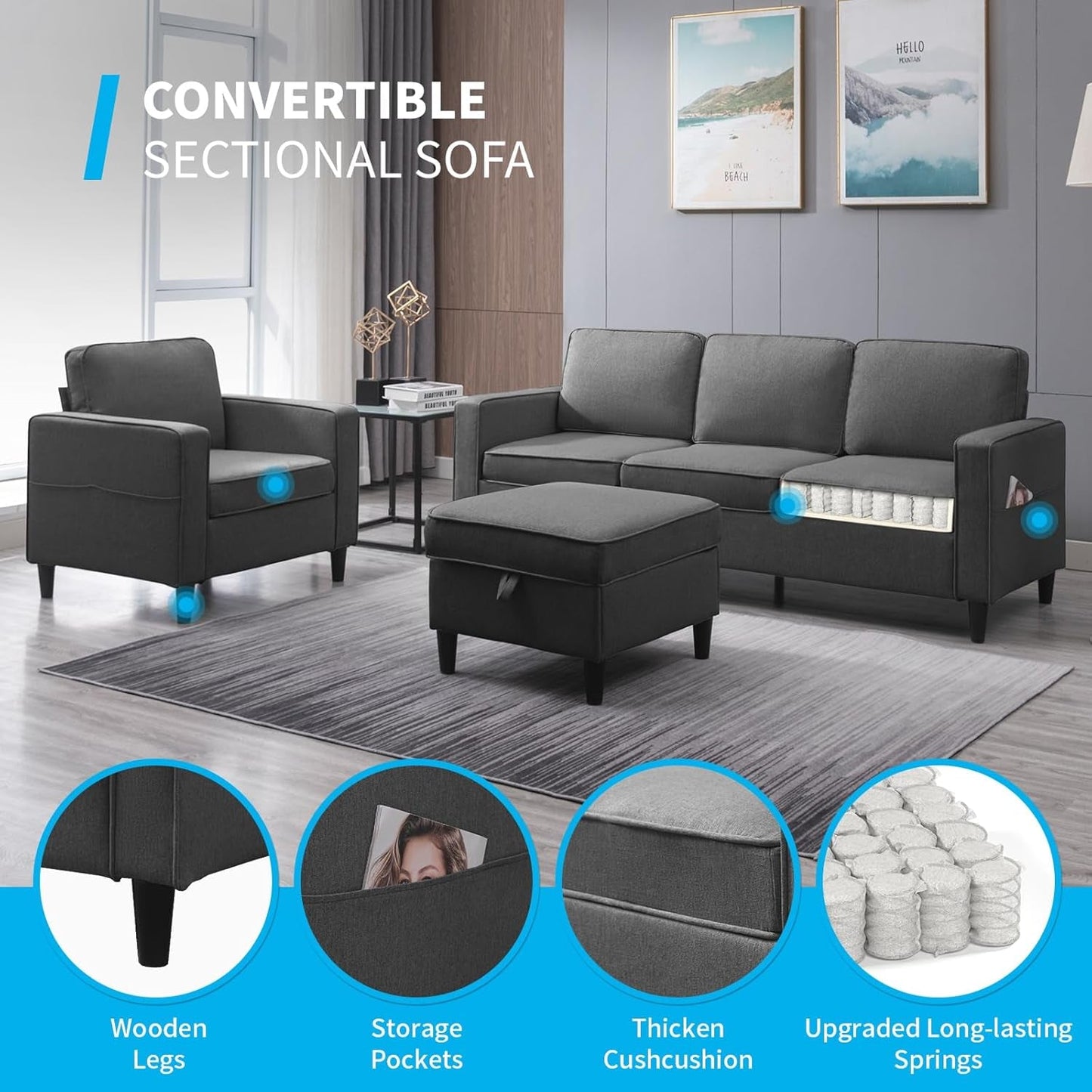 3PCS Convertible Sofa Set, Linen Upholstered Couch Set with Side Pockets, Modern Living Room Sofa with Storage Ottoman, Couch for Living Room Apartment (Dark Grey, Sectional Sofa + Single)-1