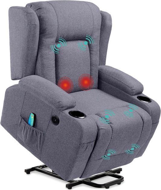 Modern Linen Electric Power Lift Chair, Recliner Massage Chair, Adjustable Furniture for Back, Legs W/ 3 Positions, USB Port, Heat, Cupholders, Easy-To-Reach Button - Blue-0