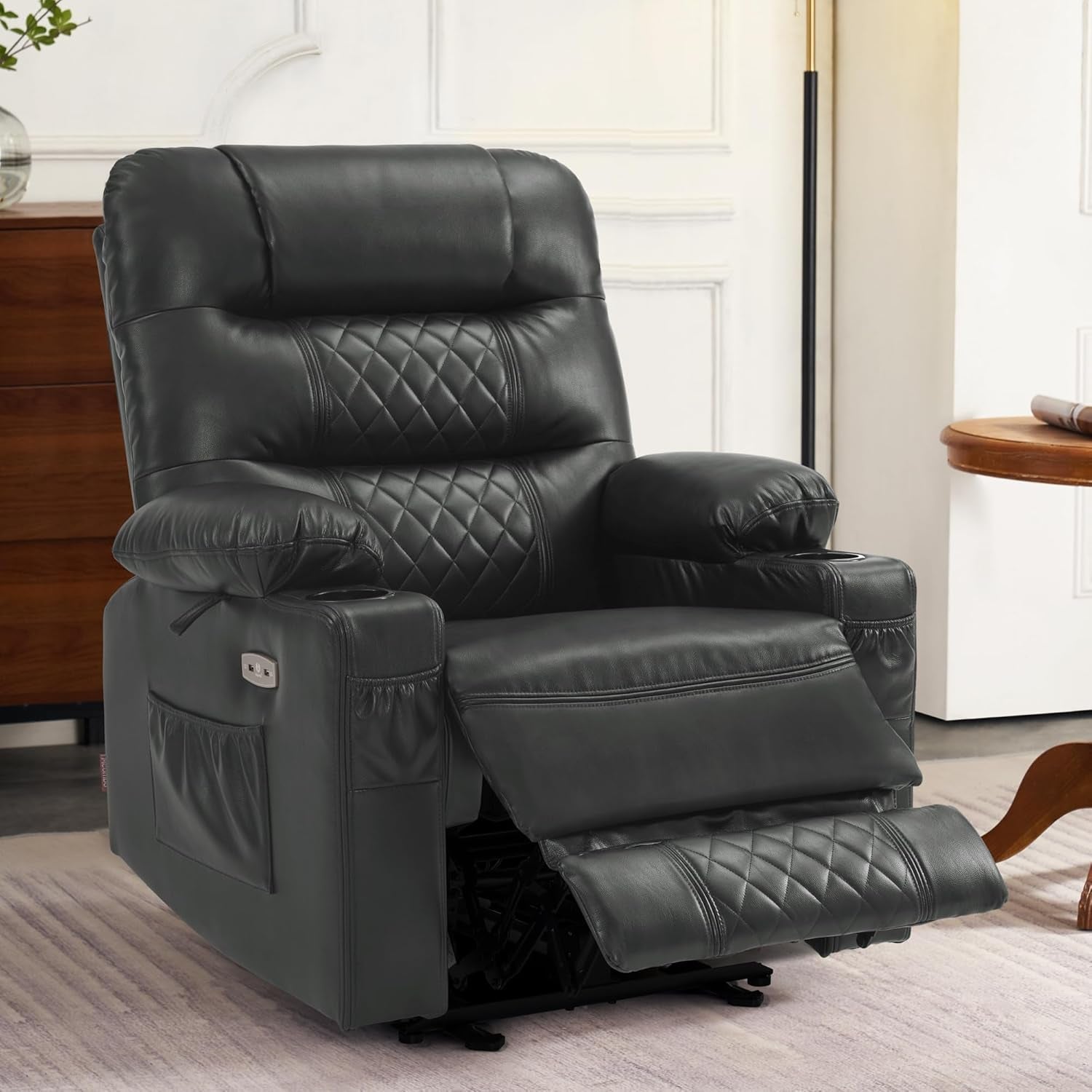 Power Recliner Chair with Heat and Vibration, Cup Holder, USB Port, Extended Footrest, Faux Leather, Electric Reclining Sofa for Living Room PR621 (Dark Grey)-1