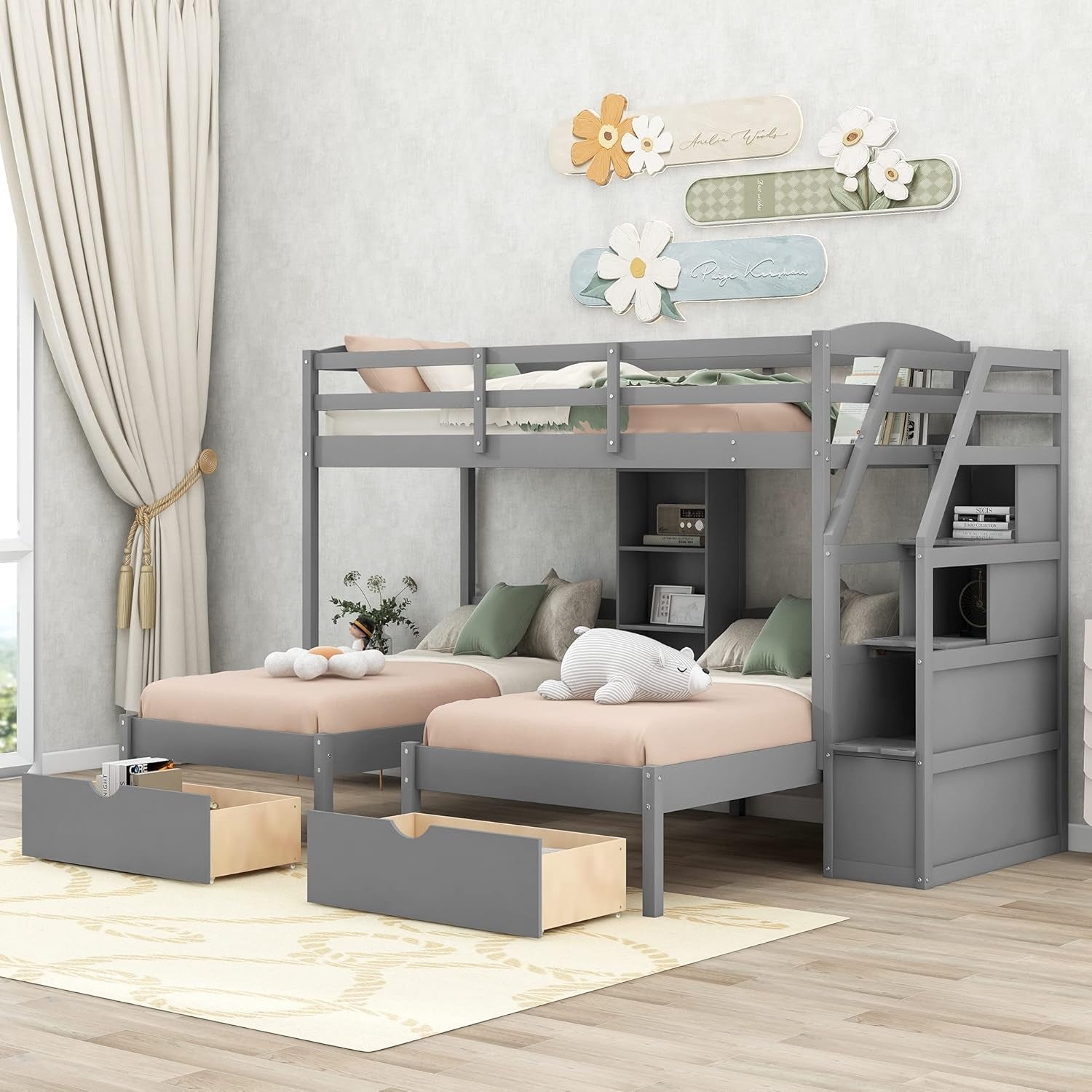 Triple Bunk Bed with Stairs, Twin over Twin & Twin Bunk Bed for 3, Triple Bunk Bed with Drawers, Staircase with Storage, Built-In Shelves, for Kids Teens Adults (Gray)-3