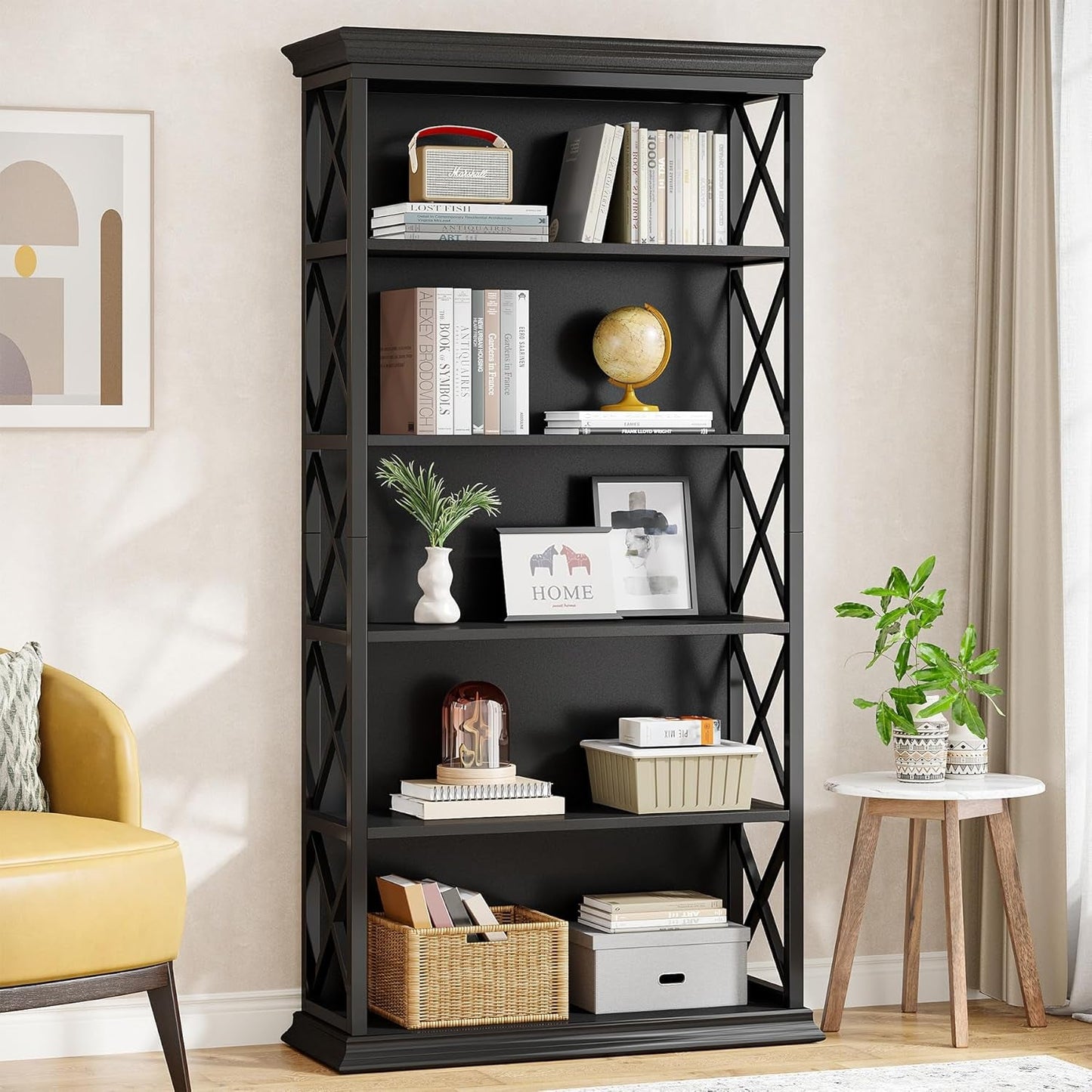 6-Tier Bookcase, 71 Inches Industrial Bookshelves and Bookcases, Floor Standing 5 Shelf Display Storage Shelves Tall Bookcase for Home Office, Living Room, Bed Room, All Black-0