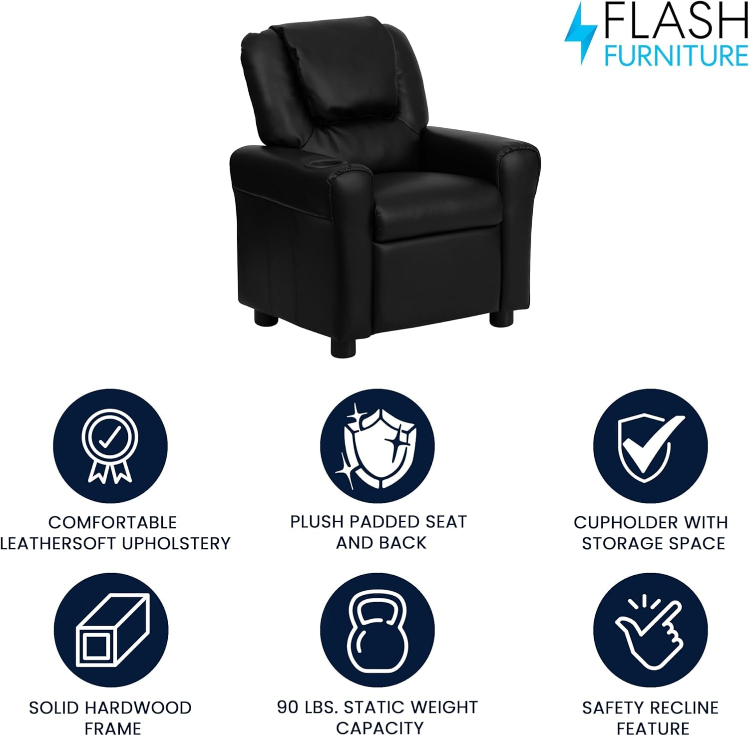 Vana Leathersoft Kids Recliner with Cup Holder, Headrest, and Safety Recline, Contemporary Reclining Chair for Kids, Supports up to 90 Lbs., Black-2