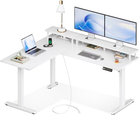 Electric L-Shaped Standing Desk, 59 Inch Height Adjustable Office Desk with Monitor Stand, Sit-Stand Desk with Power Outlets, Large Lift Table for Home, Office, Workstation, White-0