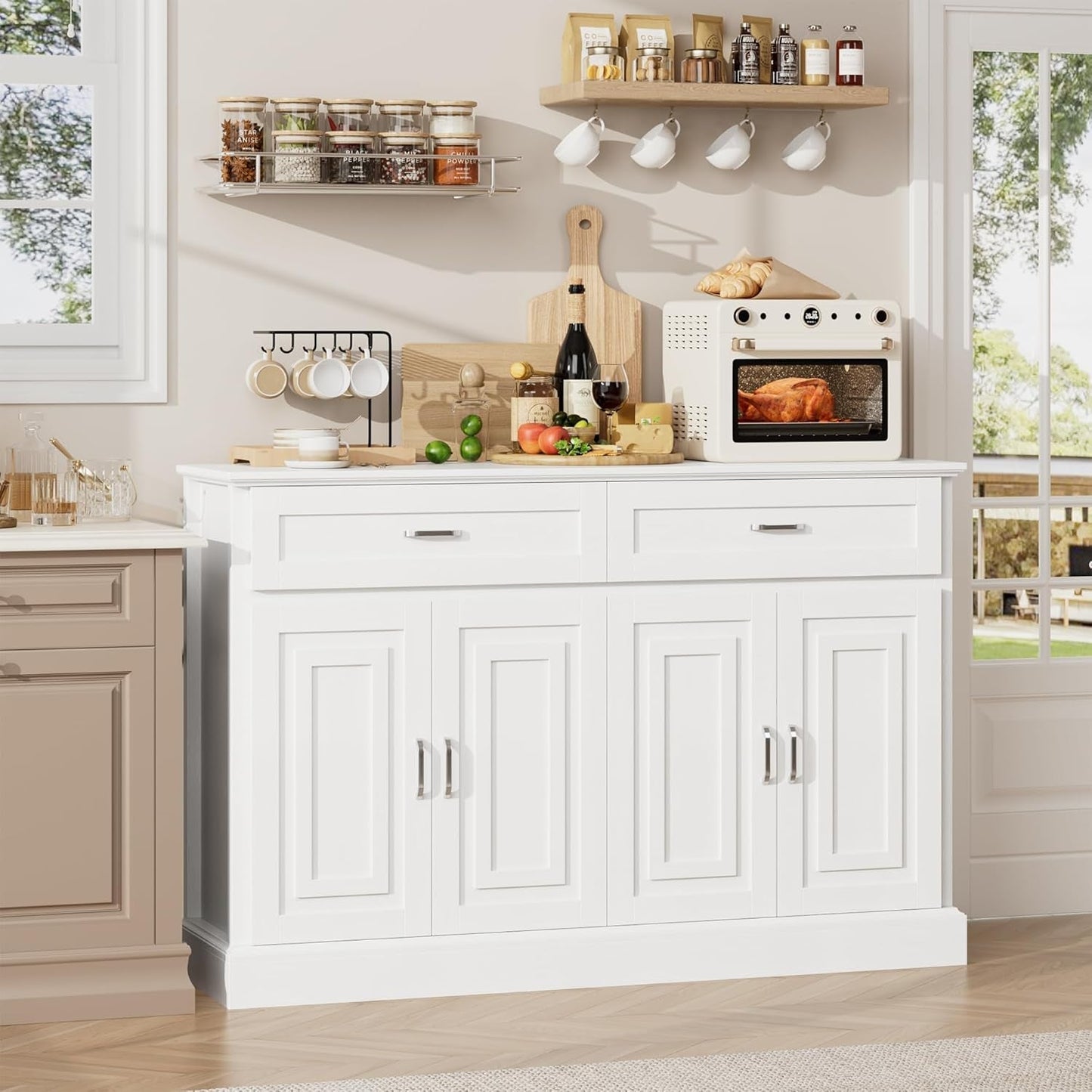 Black 55" Farmhouse Buffet Cabinet with Storage Drawers.-0