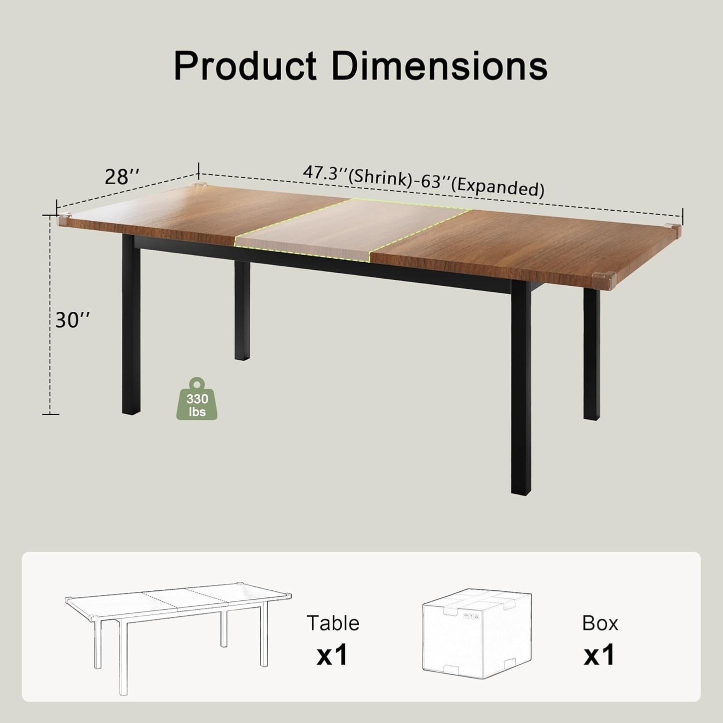 63" Extendable Dining Table, Modern Farmhouse Dining Room Table for 4-8, Wooden Kitchen Table for Small Space, Dining Room, Home Office, Living Room Furniture, Walnut-2