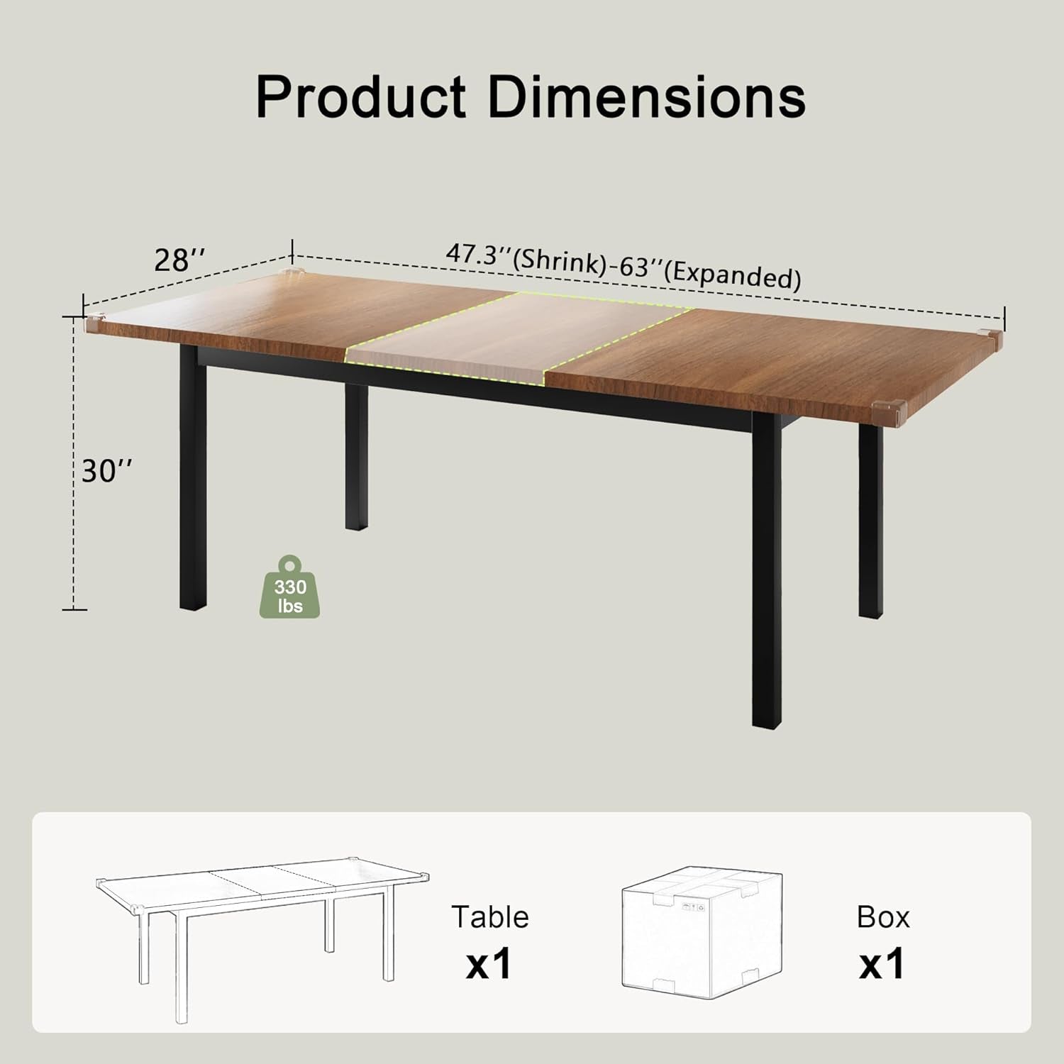 63" Extendable Dining Table, Modern Farmhouse Dining Room Table for 4-8, Wooden Kitchen Table for Small Space, Dining Room, Home Office, Living Room Furniture, Walnut-2