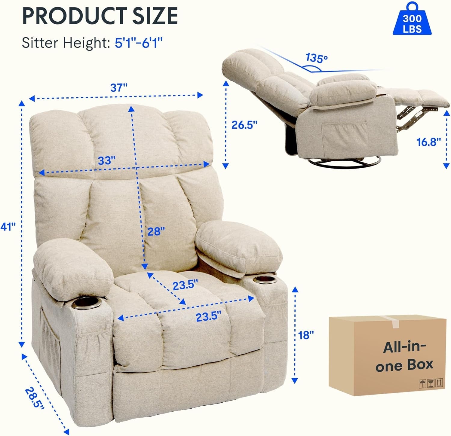 XRC3 Rocker Recliner Chair for Adults W/Massage & Heat, 360° Swivel Recliner Chair W/Cup Holders, USB Port, Manual Glider Rocking Chair for Living Room Nusery,Beige-1