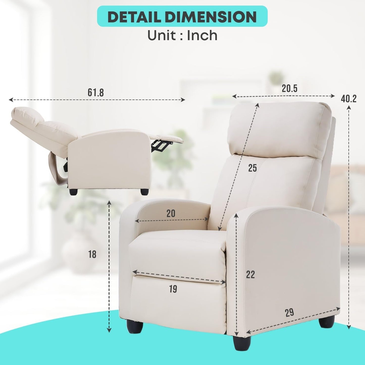 Recliner Chair Home Theater Seating Reclining Sofa Push Back Recliner with Lumbar Support and Fabric Padded Seat Backrest for Living Room (Fabric Beige)-2