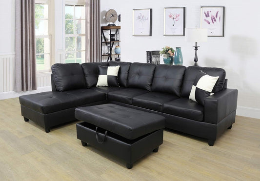Ainehome 3 PCS Living Room Set, Sectional Sofa Set, L-Shape Couch in Home, with Storage Ottoman and Matching Pillows (Left Hand Facing,Black)-0