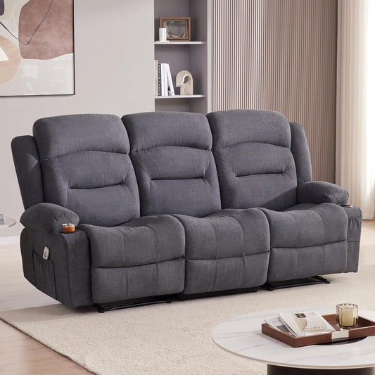 Oversized Recliner Sofa with Heat and Massage, Wall-Hugger Reclining Sofa with USB Port and Cup Holders, Big Large 3-Seater RV Recliner Sofa Couch for Living Room (Fabric, Grey)-0