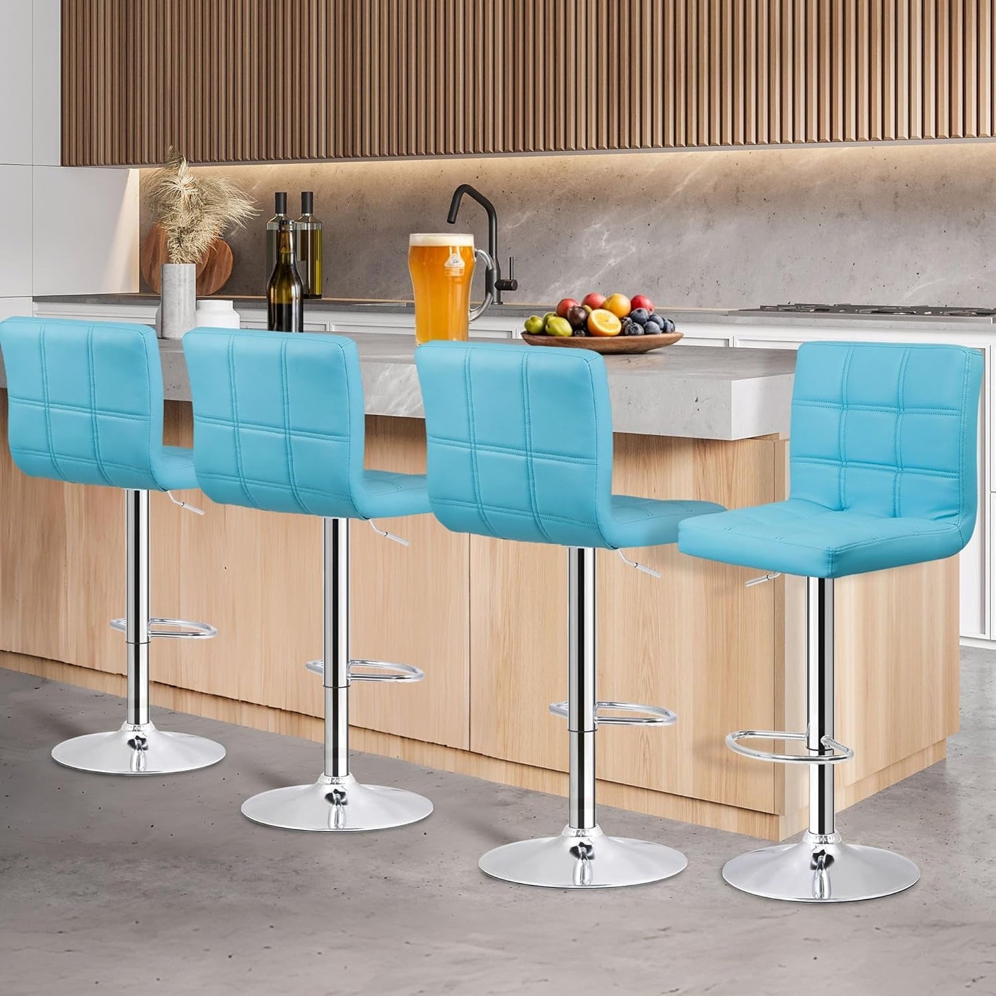 Set of 4 Adjustable Swivel Barstools, Modern PU Leather Kitchen Counter Bar Stools, Square Back Bar Stool (Blue)-1