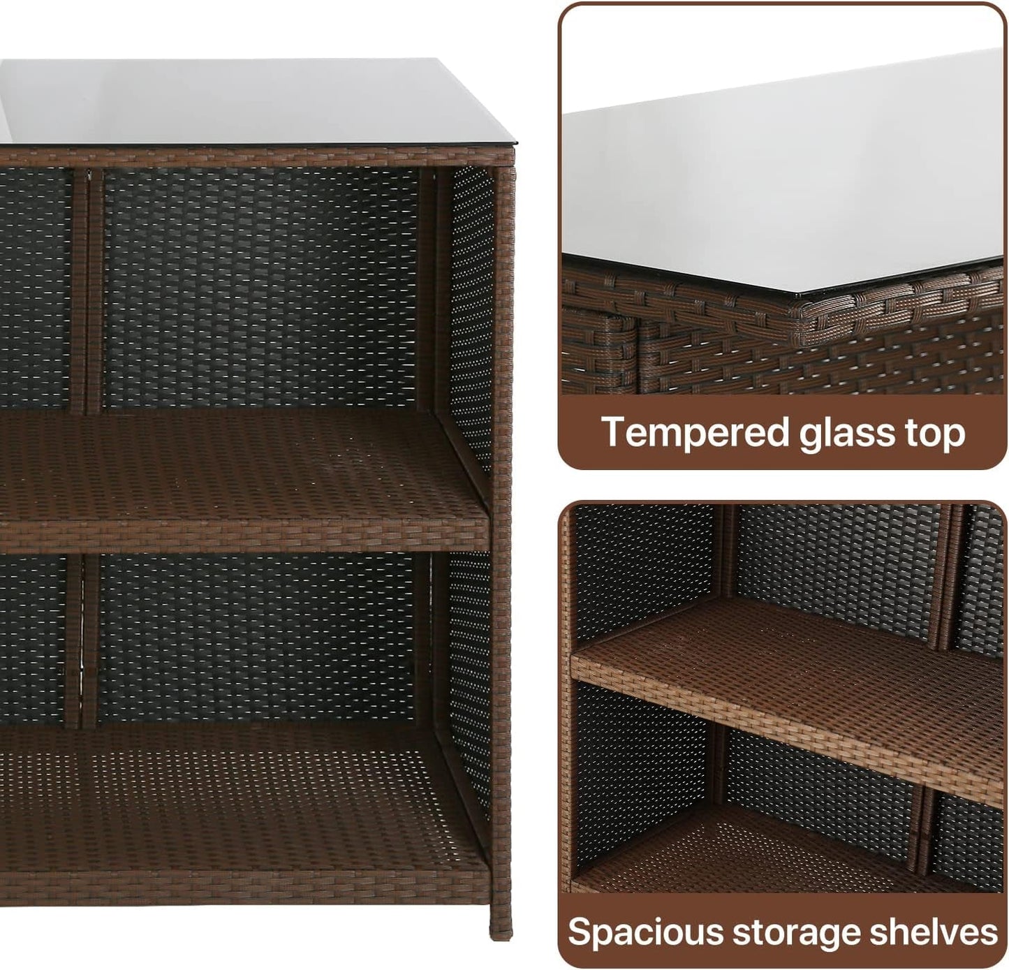 3-Piece Patio Bar Set Outdoor Wicker Bar Set All-Weather Rattan Bar Table Set Outdoor Furniture Set W/2 Stools, Glass Top Table and 2 Thick Cushion for Patios Backyards Porches Gardens Poolside, Red-2