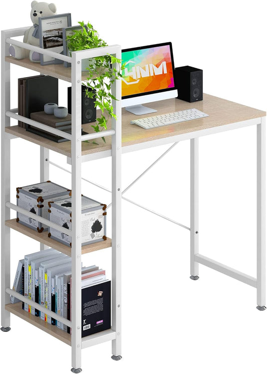 35" Small Computer Desk with 4-Tier Bookshelf, Home Office Desk Writing Workstation Study Table Multipurpose for Small Space Work - Natural and White-0