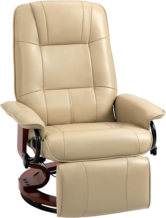 Faux Leather Manual Recliner, Adjustable Swivel Lounge Chair with Footrest, Armrest and Wrapped Wood Base for Living Room, Cream White-0