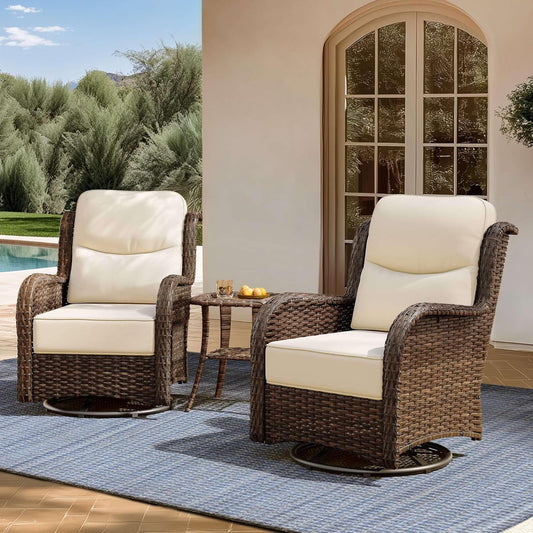 High Back Outdoor Furniture with Extra Thick Cushion Patio Swivel Rocking Chairs, 3PCS Oversized Comfort Wicker Conversation Set for Porch, Deck, Yard in Cream White-0