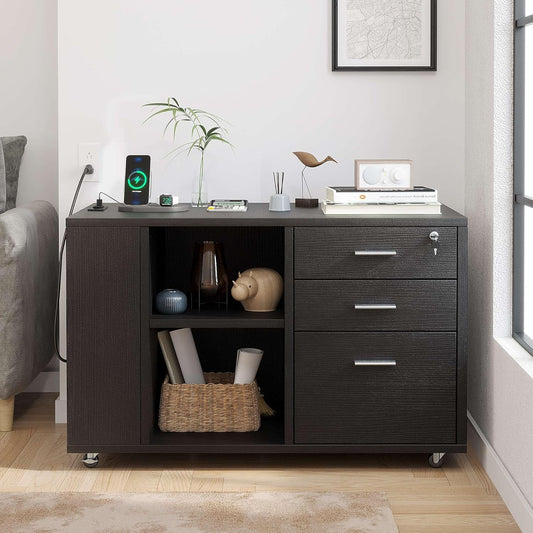 File Cabinet with Charging Station, Mobile Lateral Filing Cabinet with Lock for Home Office, Printer Stand with Open Storage Shelf, Fits A4, Letter, Legal Size Files, Office Furniture, Black-1