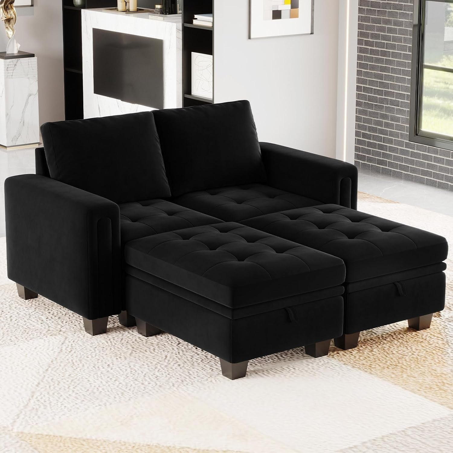 Velvet Modular Sectional Sofa Couch with Storage Convertible Sectional Sleeper Sofa Couch Bed Set with Reversible Chaise Black-2