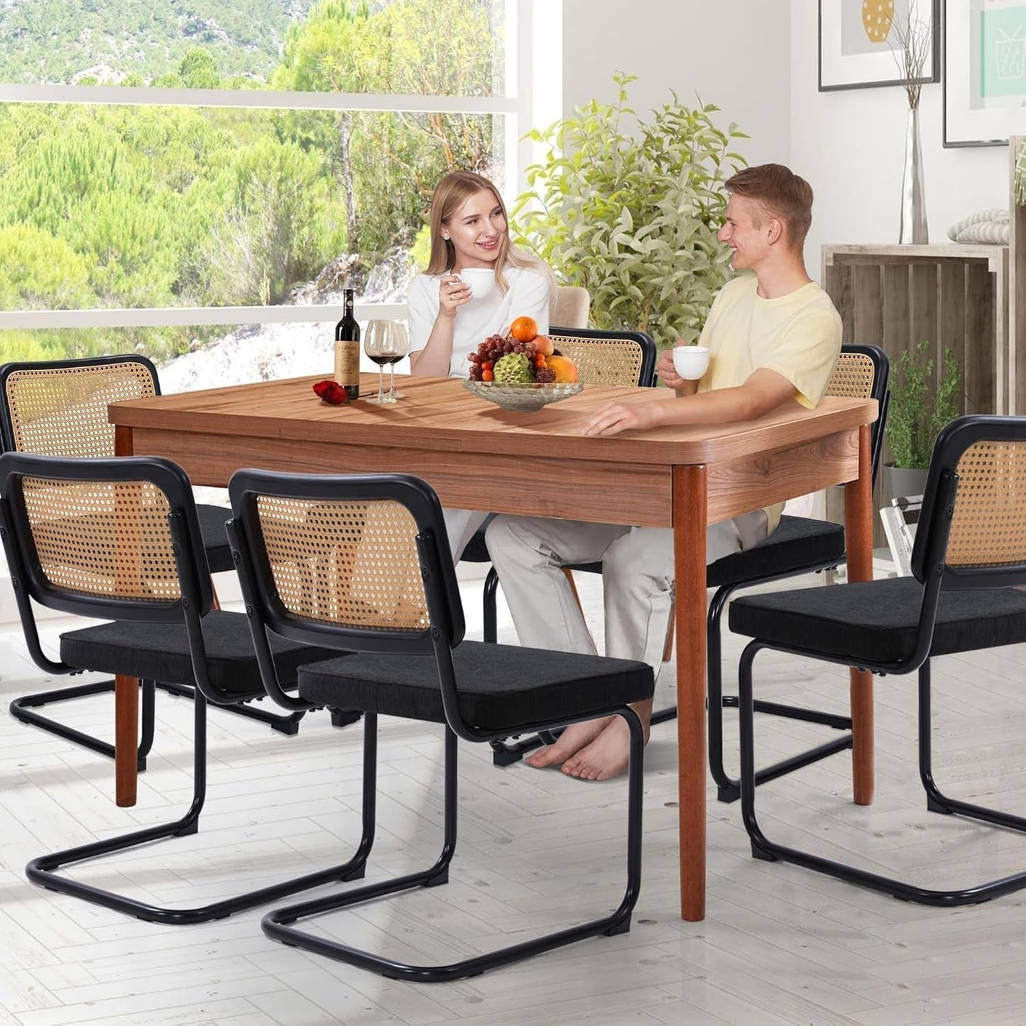 Modern Cesca Cane Dining Chairs, Set of 2, Handwoven Rattan Cane Back, Chrome Base, Upholstered Cotton Seat, Ideal for Kitchen or Dining Room, Black-3