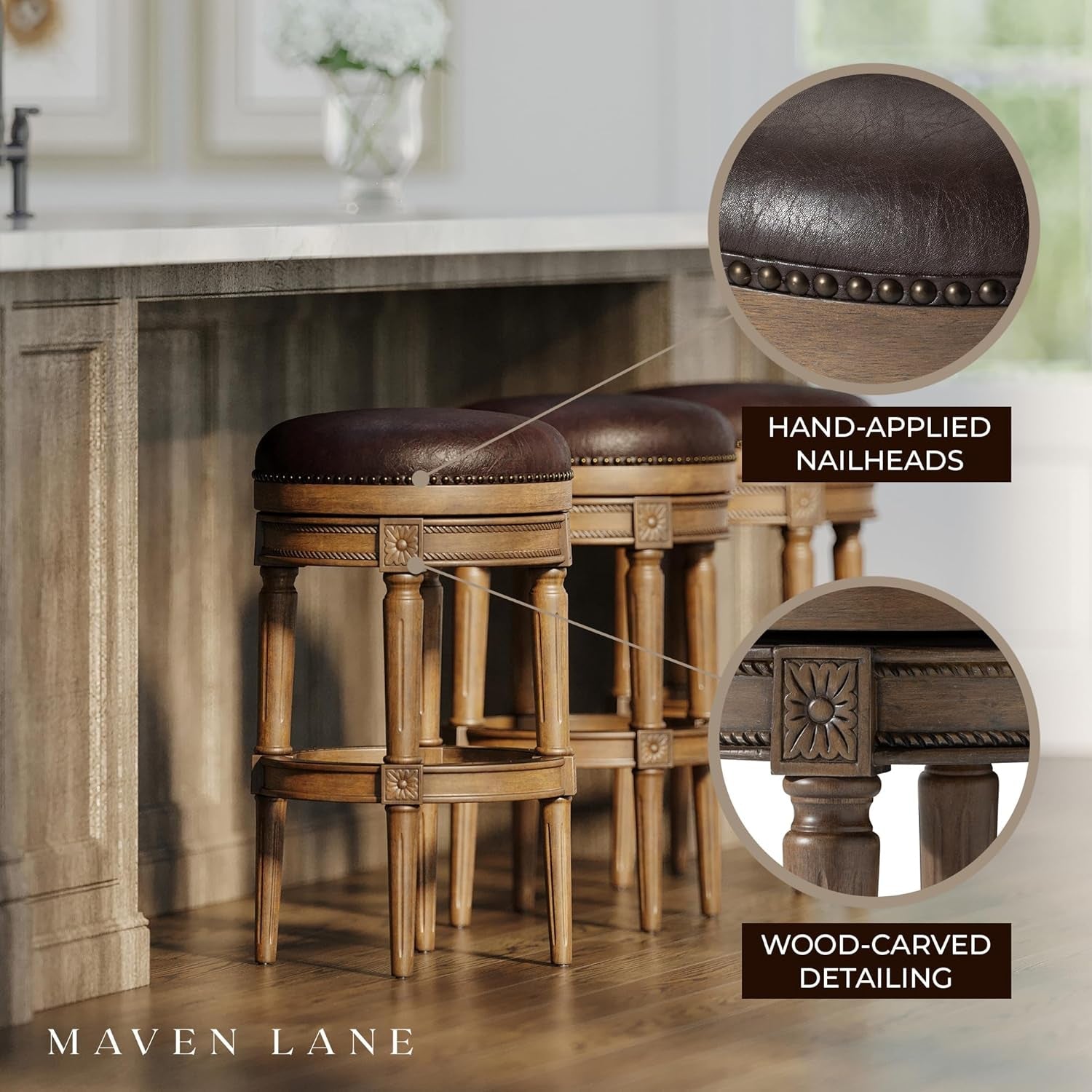 Pullman 31 Inch Tall Bar Height Upholstered Backless Barstool in Walnut Finish with Marksman Saddle Vegan Leather Cushion Seat, Set of 2-2