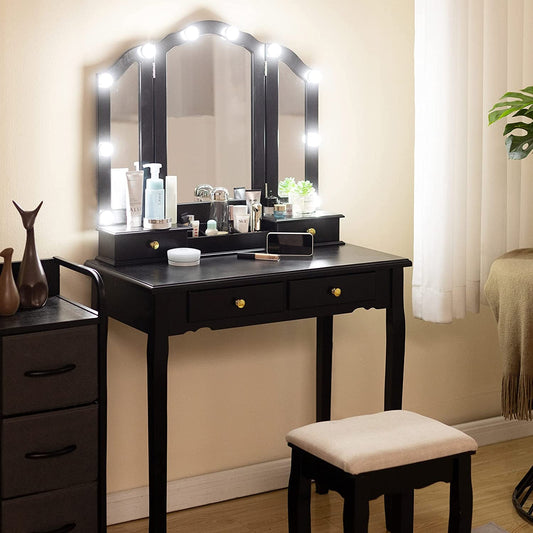 Tri-Fold Makeup Vanity with Lights, Mirror, Stool, 4 Drawers (Black)-0