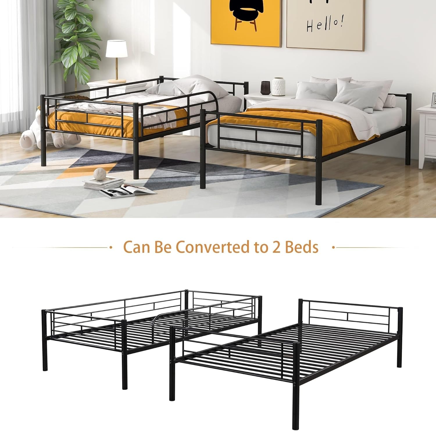 Bunk Bed with Ladder and High Guardrail, Able to Split, Metal Bunk Bed, Storage Space, Noise Free,Twin over Twin Size Bunk Bed,Black-4