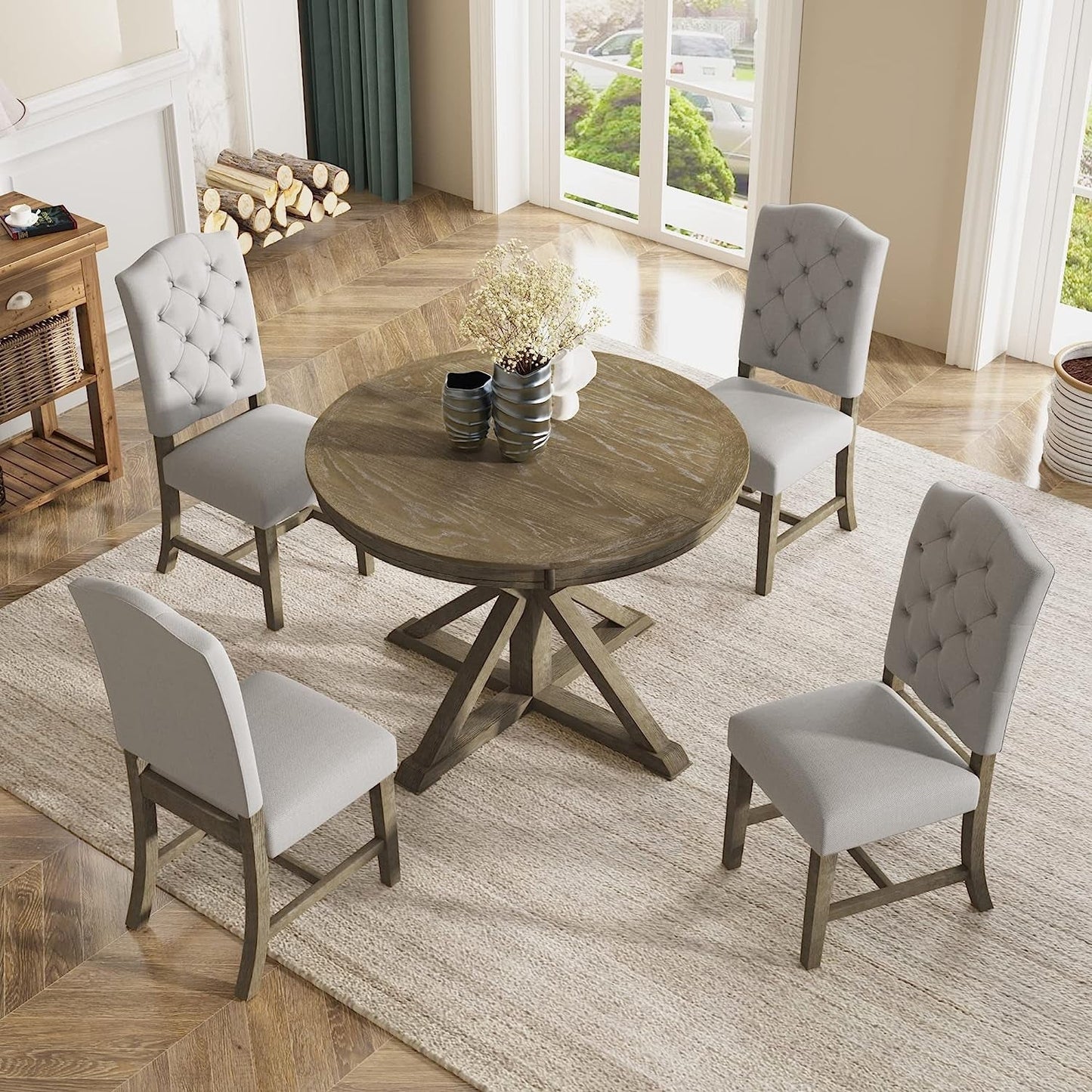 Farmhouse 5-Piece Dining Table Set with Extendable Table and 4 Comfortable Upholstered Chairs-0